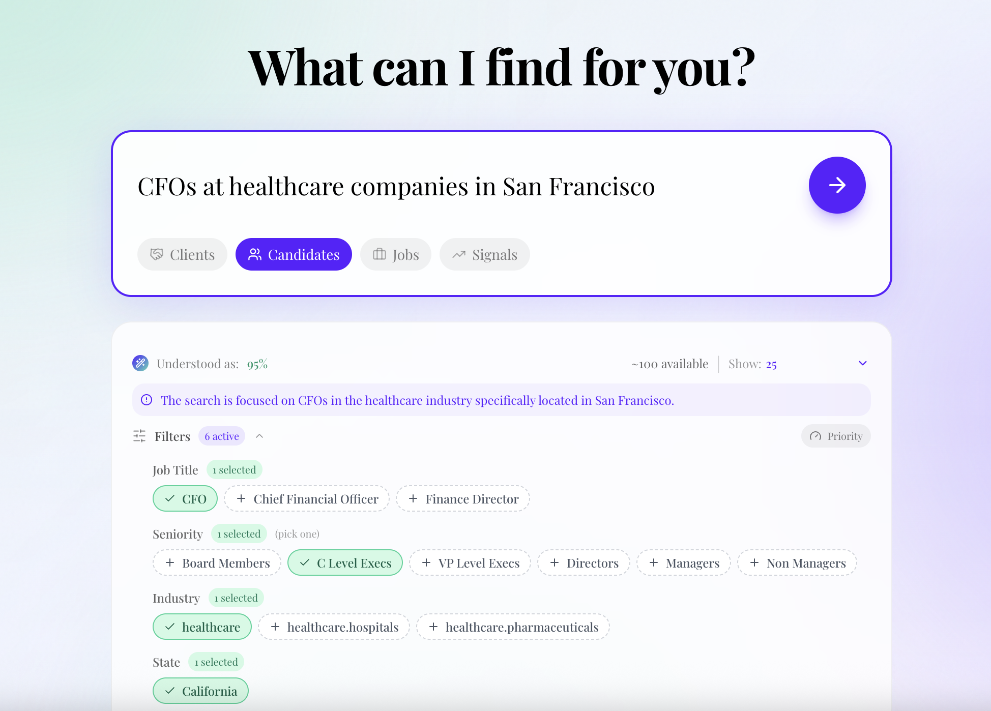 Scout search interface showing precision filters for finding CFOs at healthcare companies