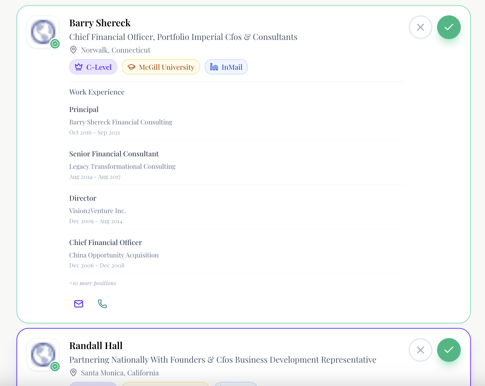 Scout like and reject interface showing lead cards with checkmark and X buttons for Barry Shereck and Randall Hall