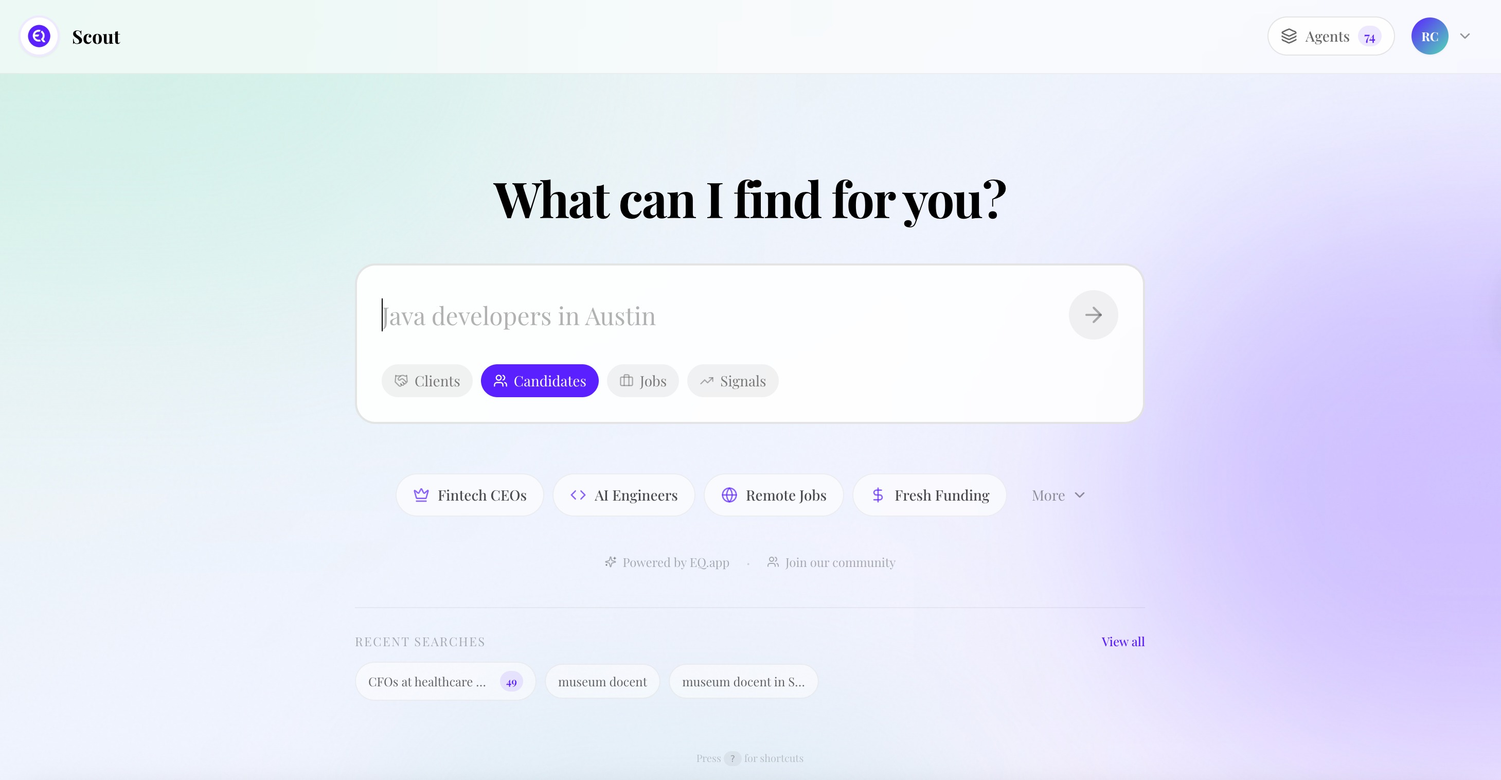 Scout search interface showing 'What can I find for you?' with search bar, category tabs for Clients, Candidates, Jobs, and Signals, and quick search suggestions